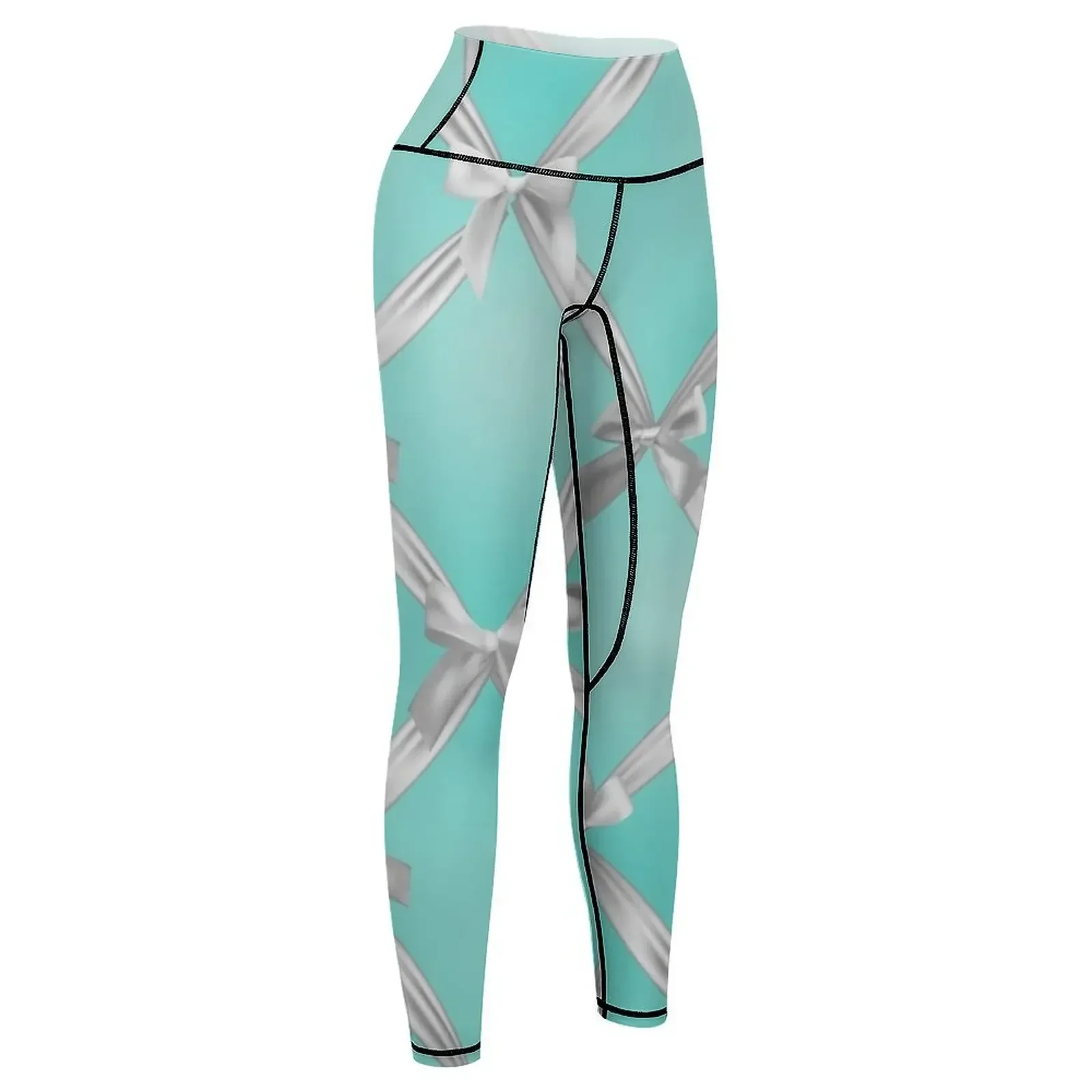 กางเกงเลกกิ้งสีฟ้าขาวลายโบว์ สีฟ้าอมเขียวแบบไข่นก สำหรับผู้หญิง ออกกำลังกาย เล่นกีฬา เสื้อผ้าออกกำลังกายสำหรับผู้หญิง