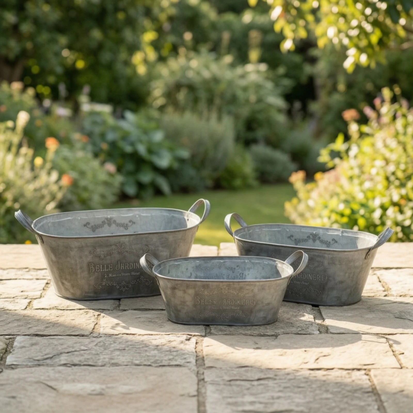 3 Pieces Galvanized Container with Handles Weathered Oval Metal Container Planter with Handles Embossed Weather-Resistant