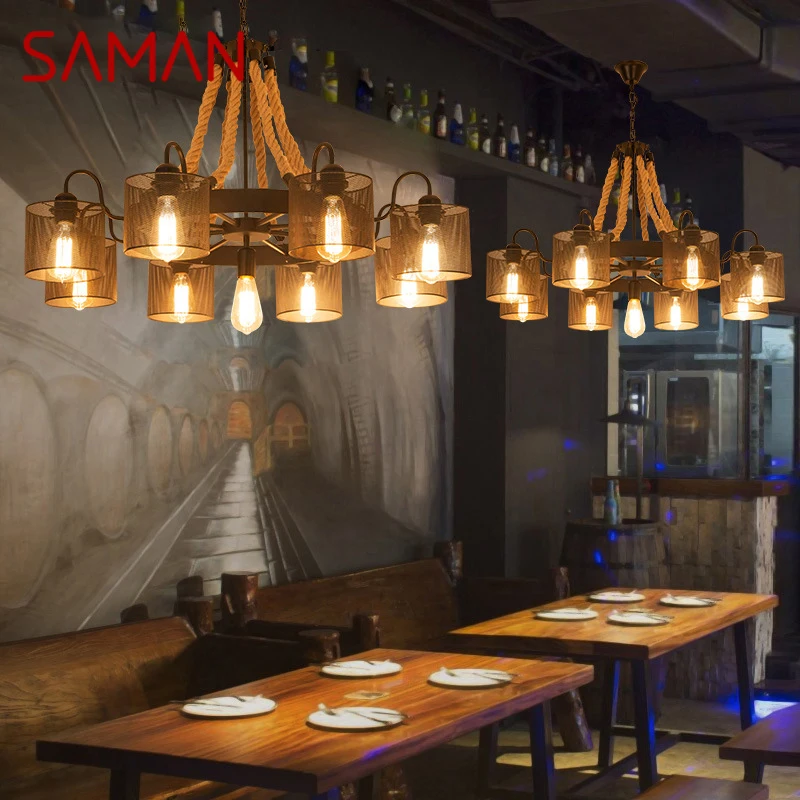 SAMAN American Style Retrohemp Rope Chandelier Nostalgic Loft Industrial Style Internet Cafe Restaurant Hot Pot Shop Pendant