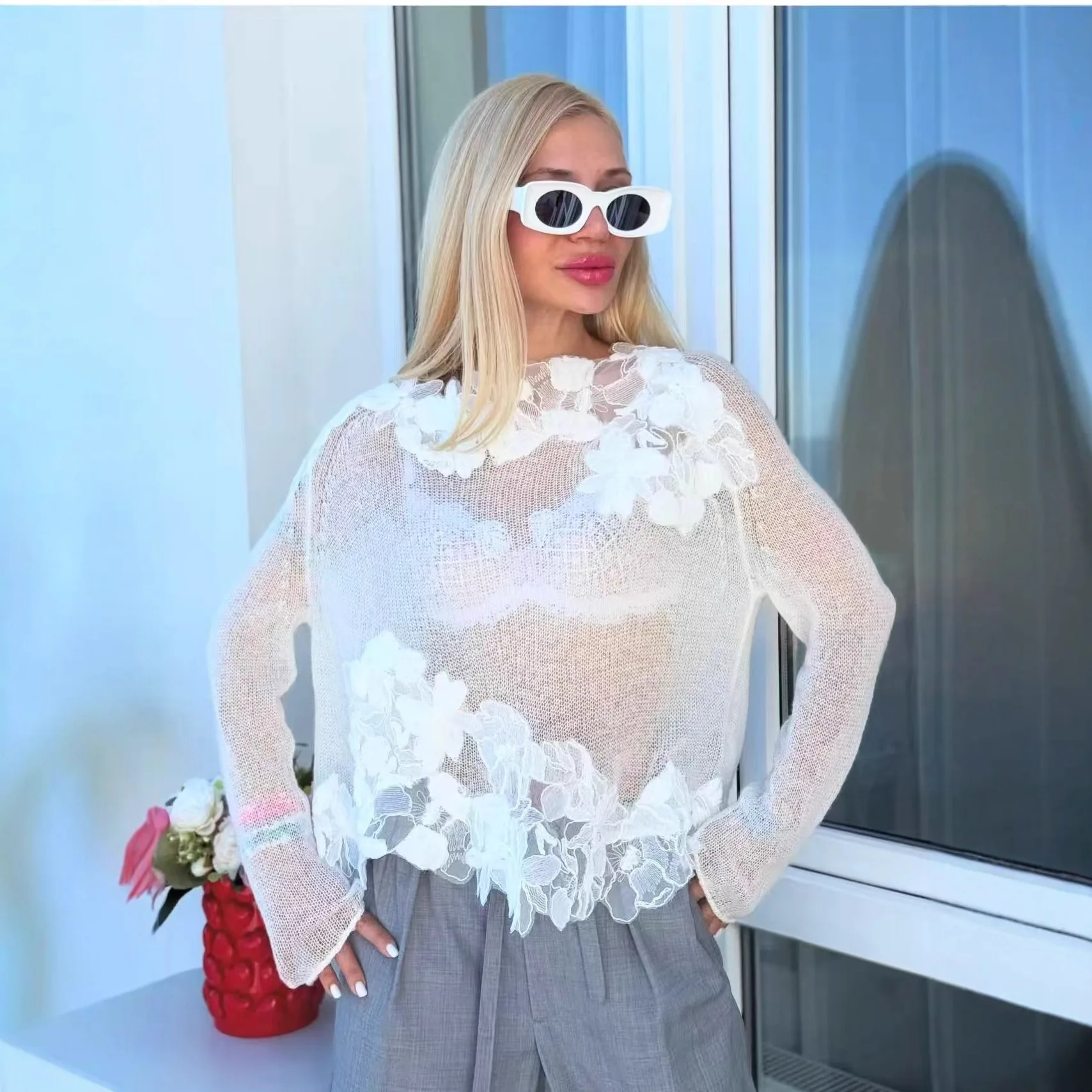 2026 New Spring Perspective Lace Flower Decorative Sweater 3