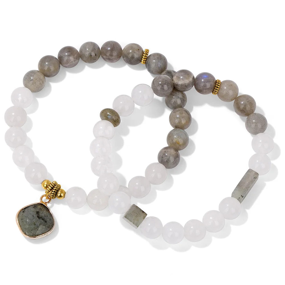 2Pcs Grey Labradorite White Jades Beads Bracelet Natural Stone Rhombus Charm Bracelets For Women Men Couple Best Friend Bangles