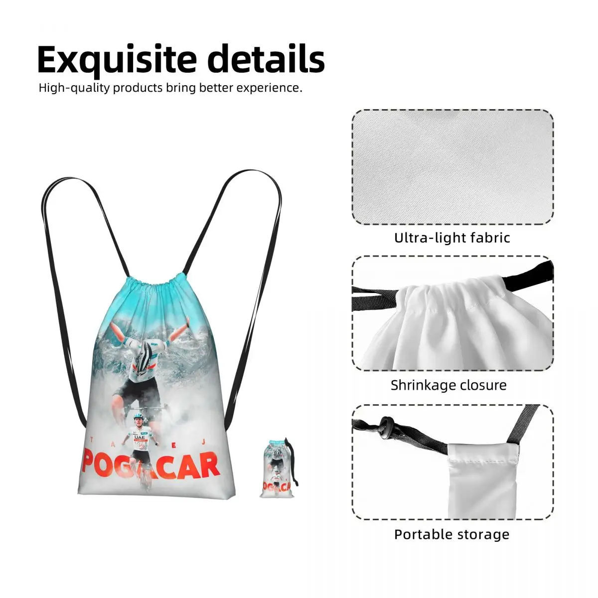 Tadej Pogacar Cycling Pogi Team 2025 Summer Tour-De France Drawstring Backpack Sports Gym Bag Portable Travel Drawstring Bag