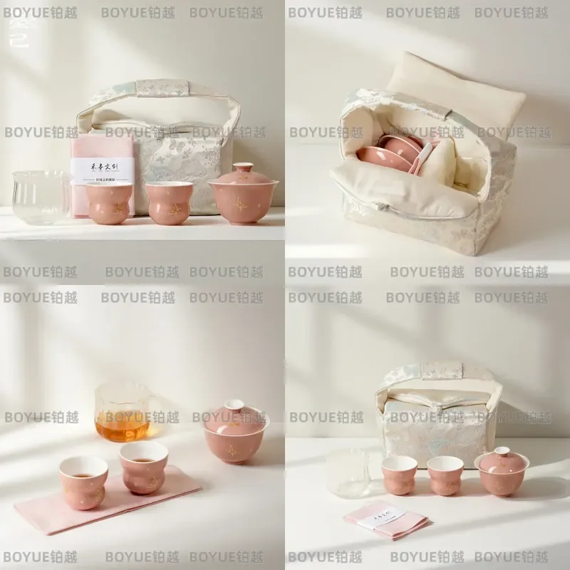 for Tang and Song Style Outdoor Tea Set Portable Travel Tea Kit with One Lidded Bowl Two Cups Cowpea Red Bronzing Storage Bag