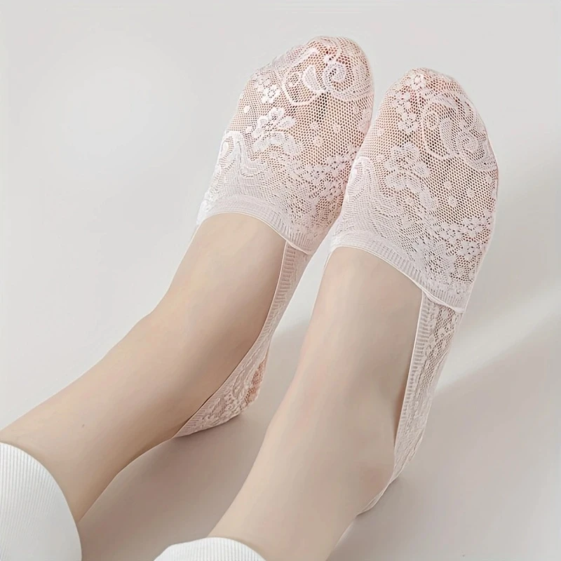 3Pairs Lace Mesh Breathable Boat Socks, Comfy & Simple Low Cut Invisible Socks, Women\'s Stockings & Hosiery