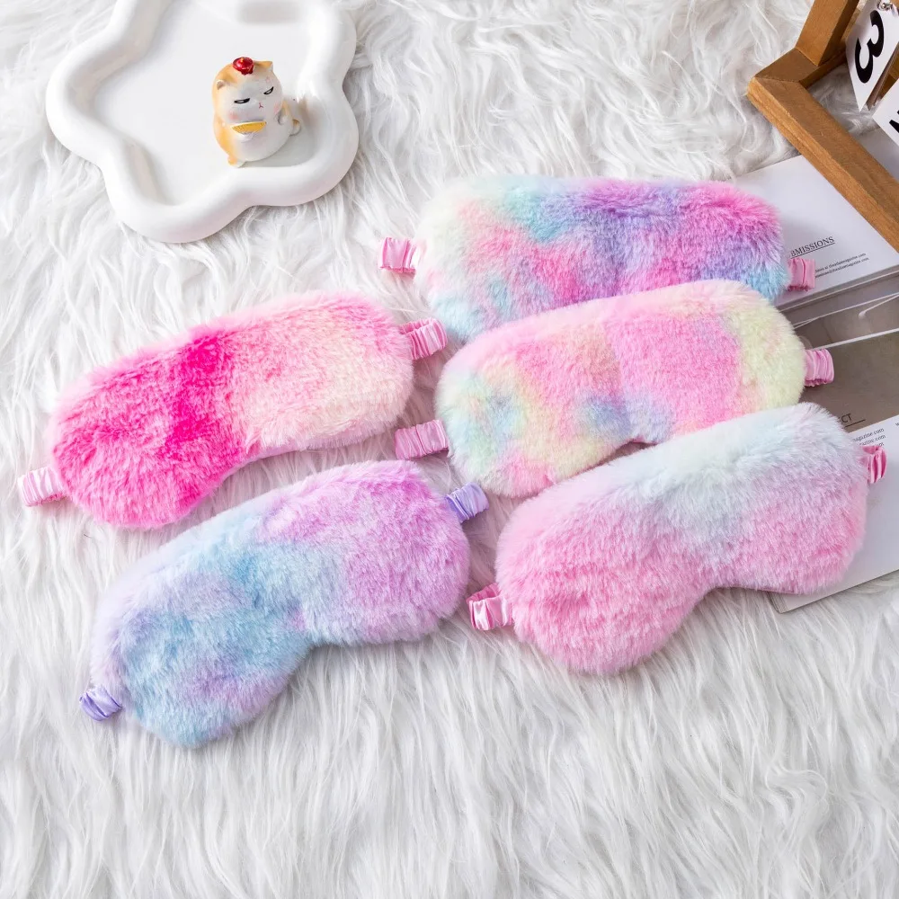 1 Piece Colorful Plush Faux Rabbit Fur Sleep Mask Skin-Friendly Faux Silk Eye Cover Light Blocking Eye Mask for Women Girls