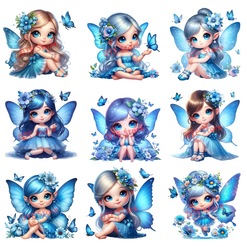 Blue elf butterfly girl dtf transfers ready to press Heat Transfer On Children's clothing heat transfer Washable patch