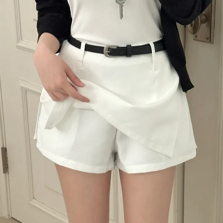 Chic High Waist A-Line Skirt Pure Color Slimming Anti-Light Belted Midi Skirt for Women Summer 2026 Fashionable Office Wear