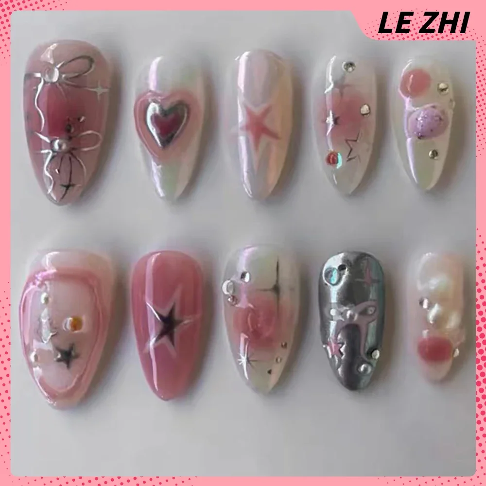 Imagem -06 - Handmade Almond Curto 3d Flower Nail Press on Nail Adequado para o Trabalho Arco Pintado à Mão Pentagrama Diamond Nails Birthday Party Stickers