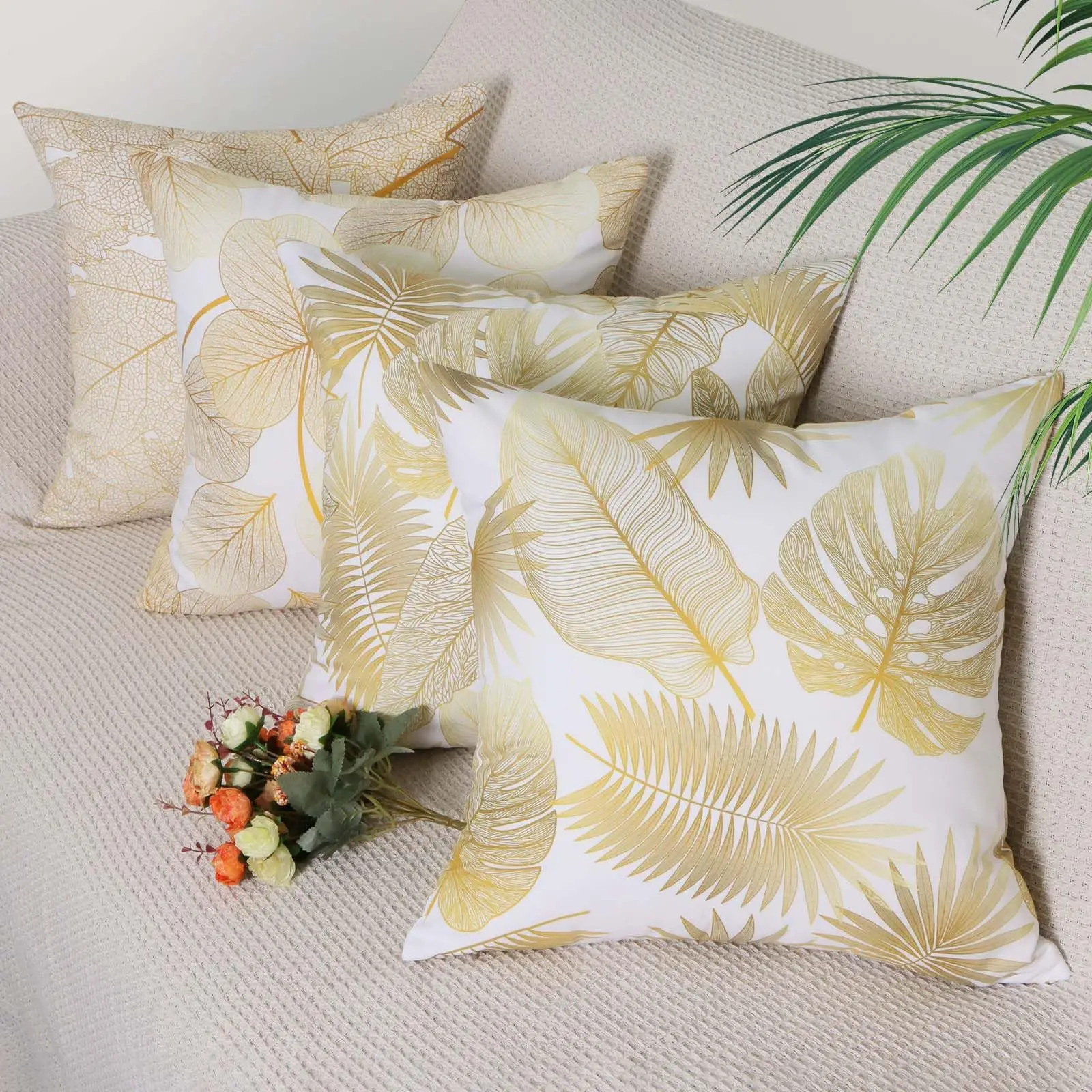 4 Pcs Double Sided Gold Foil Leaf Cushion Covers, Luxury Tropical Botanical Print Throw Pillow Cases (No Inserts)