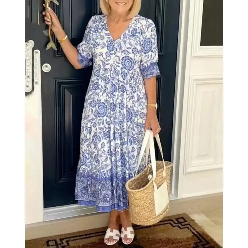 

Floral Print Beach Dr High Waist Loose Fit Vaion Perfect Long Skirt V-Ne ort Sve Women's plus Size Dr