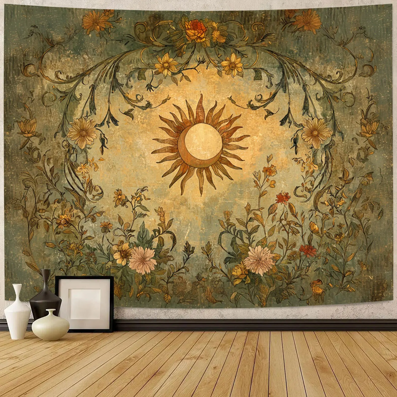 Sun And Moon Tapestry Vintage Bohemian Wall Hanging Floral Glory Sunny Retro Painted Rhyme Tapestry Wall Hanging For Living Room