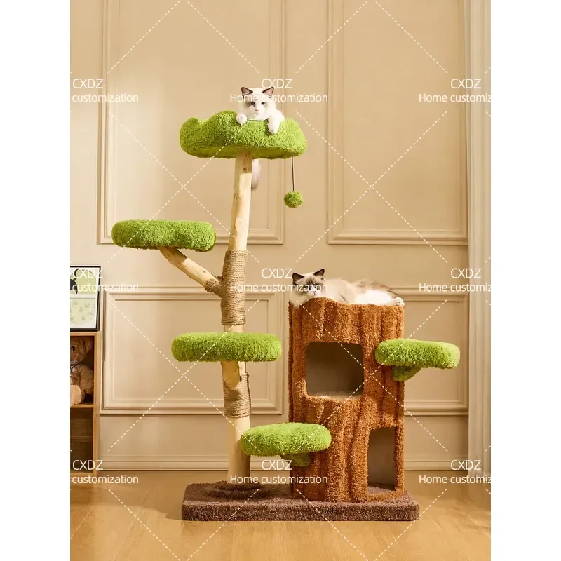 Large Cat Tree Climbing Frame with Jumping Platform Solid Wood Cat Shelf Villa Warm Cat Nest Space Saving Design for Indoor