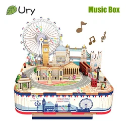 Ury 3D Wooden Puzzles Ferris Wheel London Scenery Rotatable Tour Bus Bridge Music Box Model Kit Assembly DIY Toy Gift for Adult