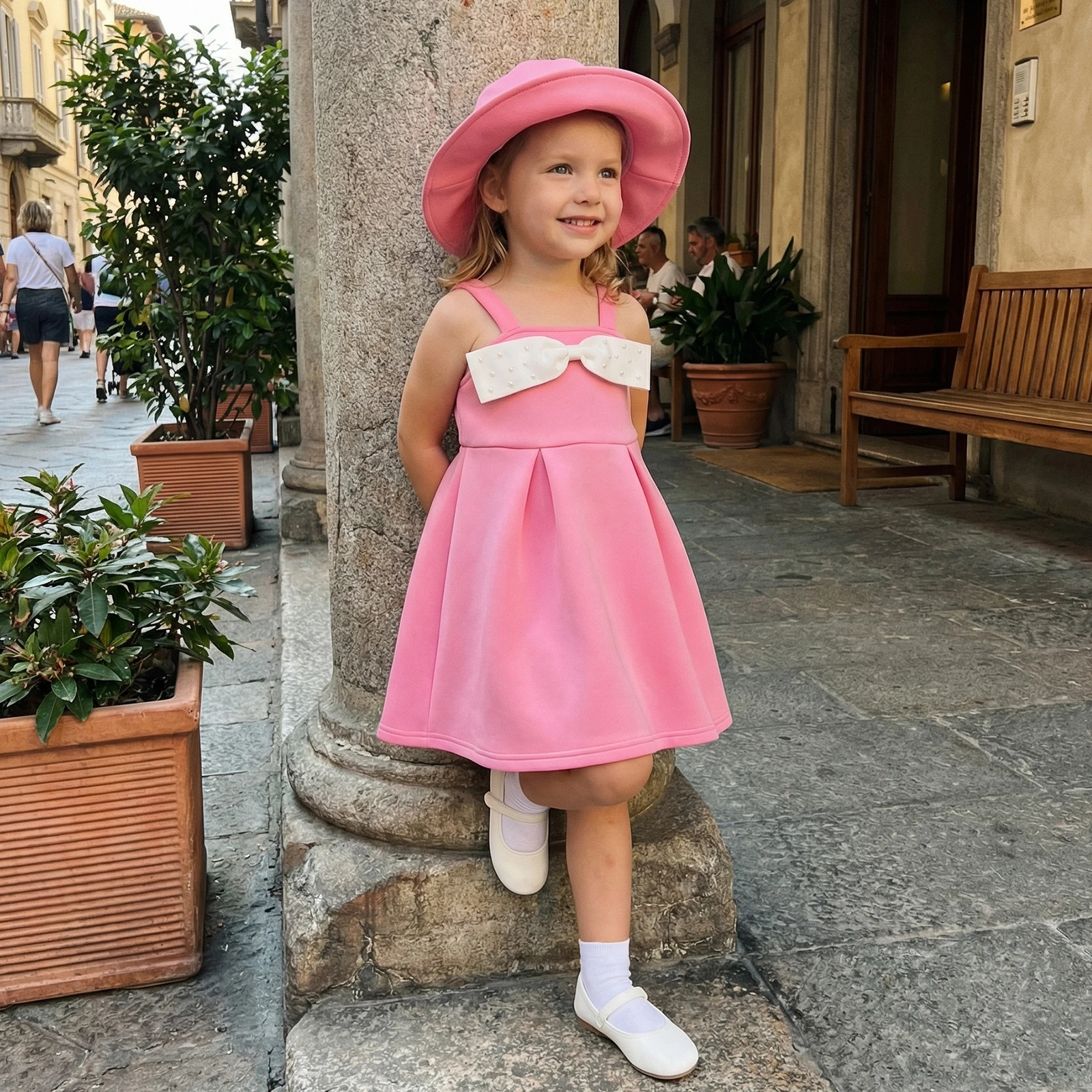 1-5Y Fashion Toddler Baby Girls Summer Dress Rhinestone Bow Decor Cami Dress with Hat For Holiday Party