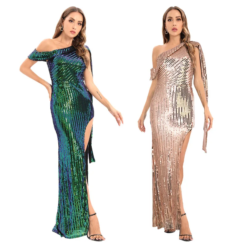 

Sexy Green One Shoulder Sequin Dress Bodycon Birthday Party Evening Gown Long Women's Formal Prom Maxi Dress