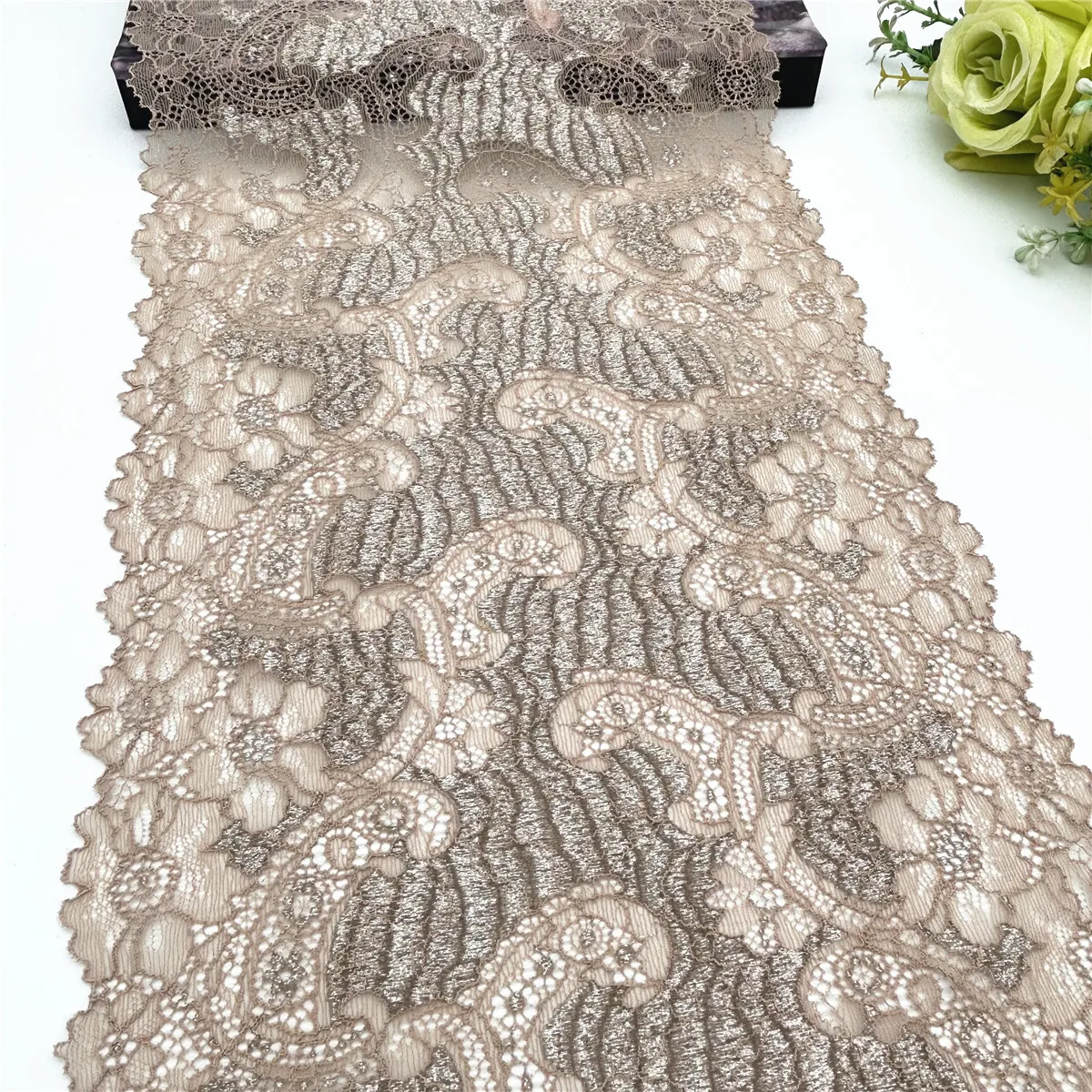 3y/lot Width 21cm Dark Apricot Silver Elastic Stretch Lace Trim Skirt Hem For Clothing Accessories Dress Sewing Applique Costume