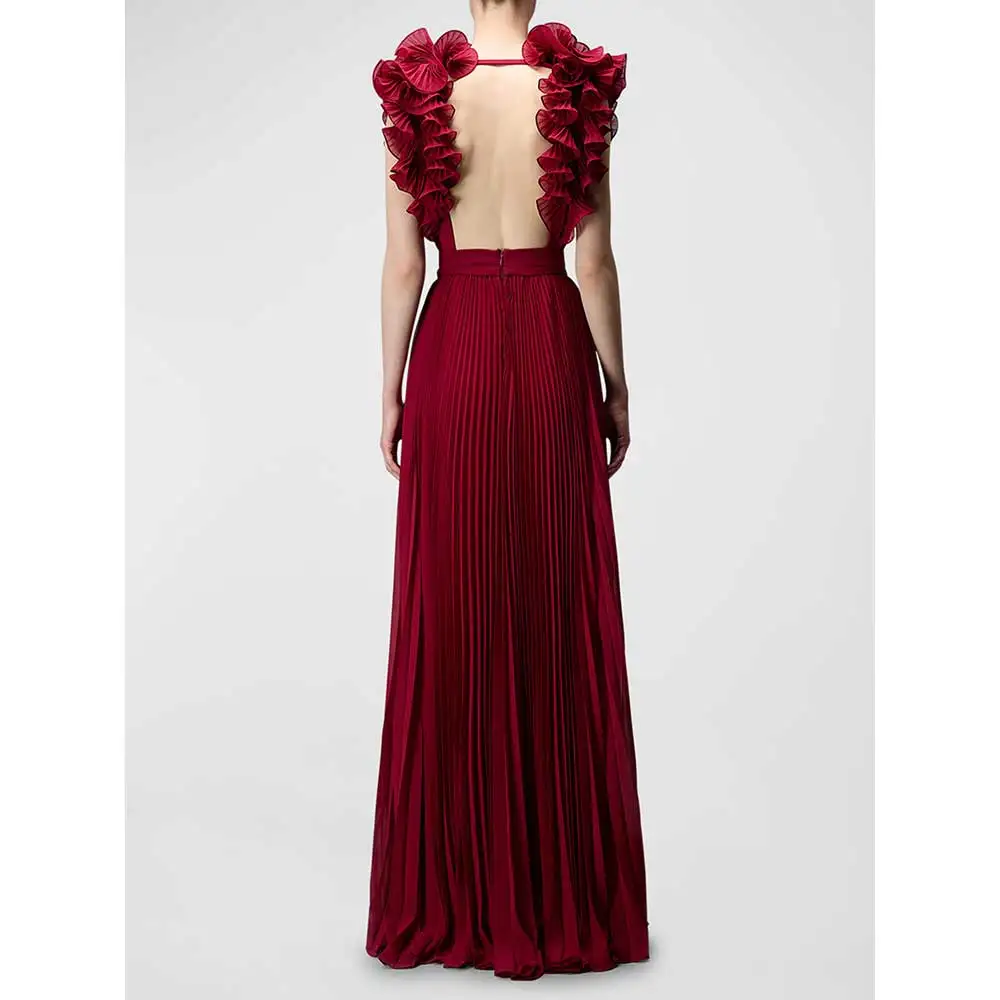 YUMDAI Gorgeous Peplum Sleeveless Chiffon Gown Dubai 2023 Ladies Formal Ball Burgundy Dress Special Occasion Bridal Mom Dress