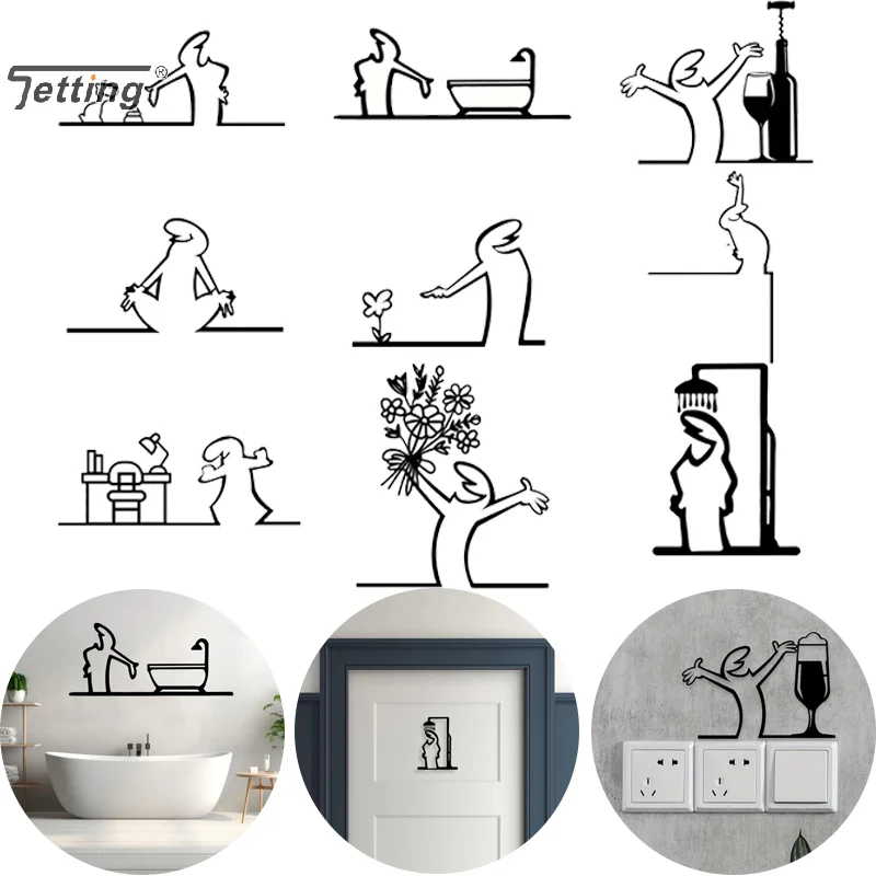 Figurine de douche noire, décoration murale, ligne minimaliste, signe de salle de bains en métal, signe d'art de porte rustique, décoration de porte amusante pour la maison