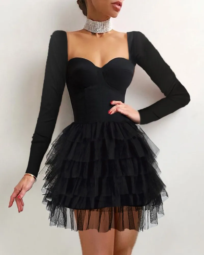 

Womens Mesh Dress Elegant Long Sleeve Off-Shoulder High Waist Tulle Tutu A-Line Dress Formal Party Ladies Solid Color Sexy Dress