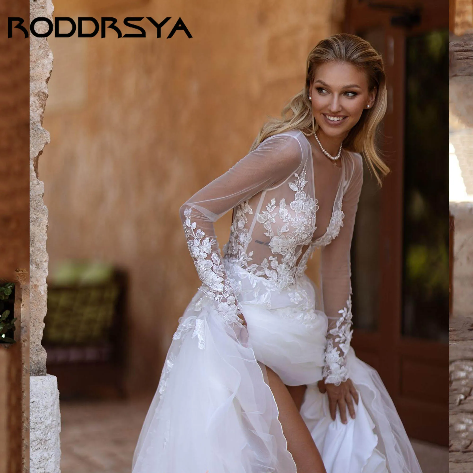 JEHETH Sexy Illusion A-line Abito da sposa Maniche lunghe Scollo a V Tulle Appliques Abiti da sposa Backless abiti da sposa Personalizzato