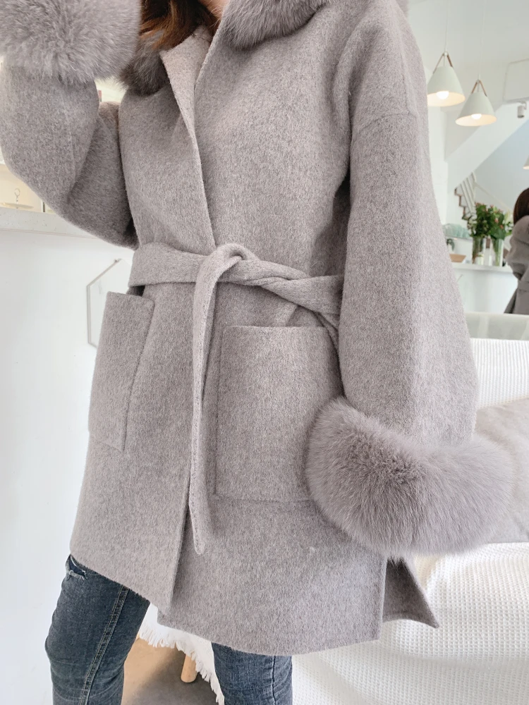 FURYOUME Real Fur Coat for Women Oversize Jacket Loose Cashmere Wool Blends Natural Fox Fur Hood Outerwear with Belt Winter