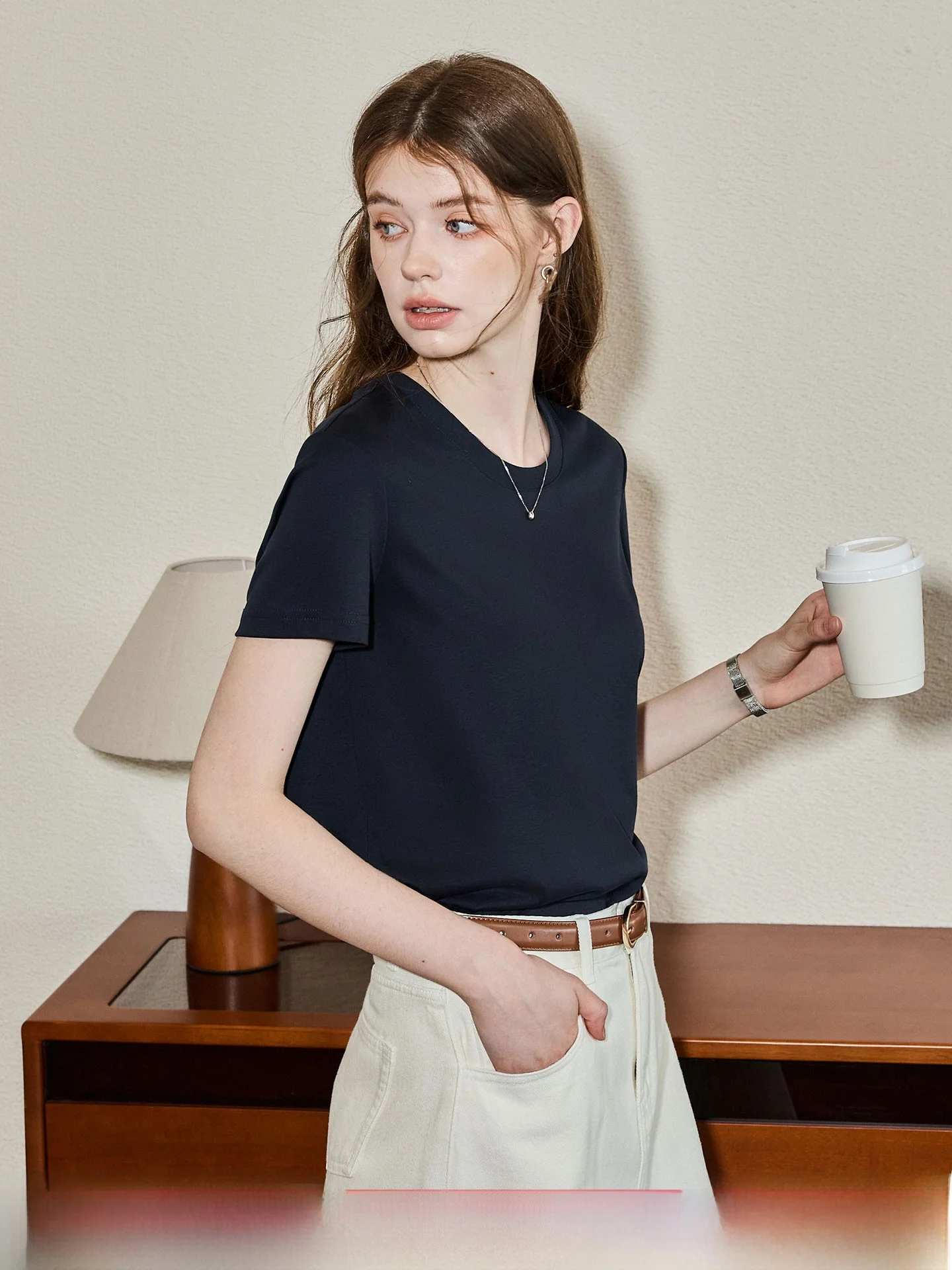 Cooling Sensation Pure Cotton Short Sleeve round Neck Commuter T-Shirt Women's Autumn Fashion Korean Style Knitted Top