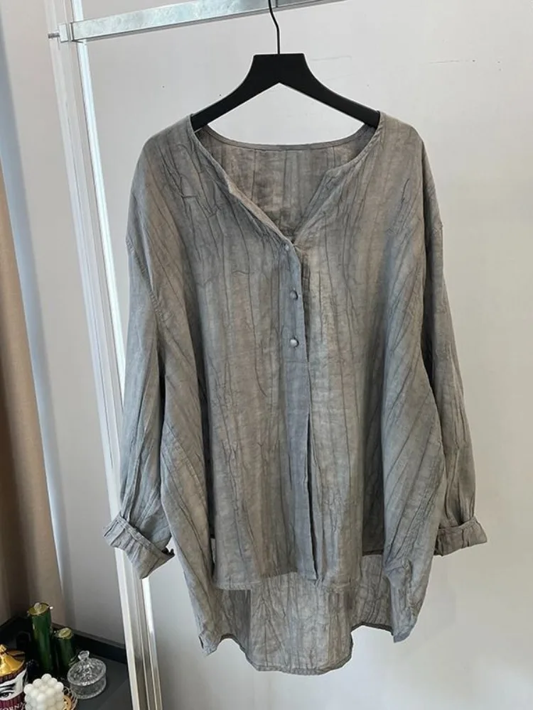 Elegant Folded Grey Cotton Linen Shirt Women's Summer Thin Cardigan Sun Protection Set Wide Leg Short Pants Two Piece Set view 3