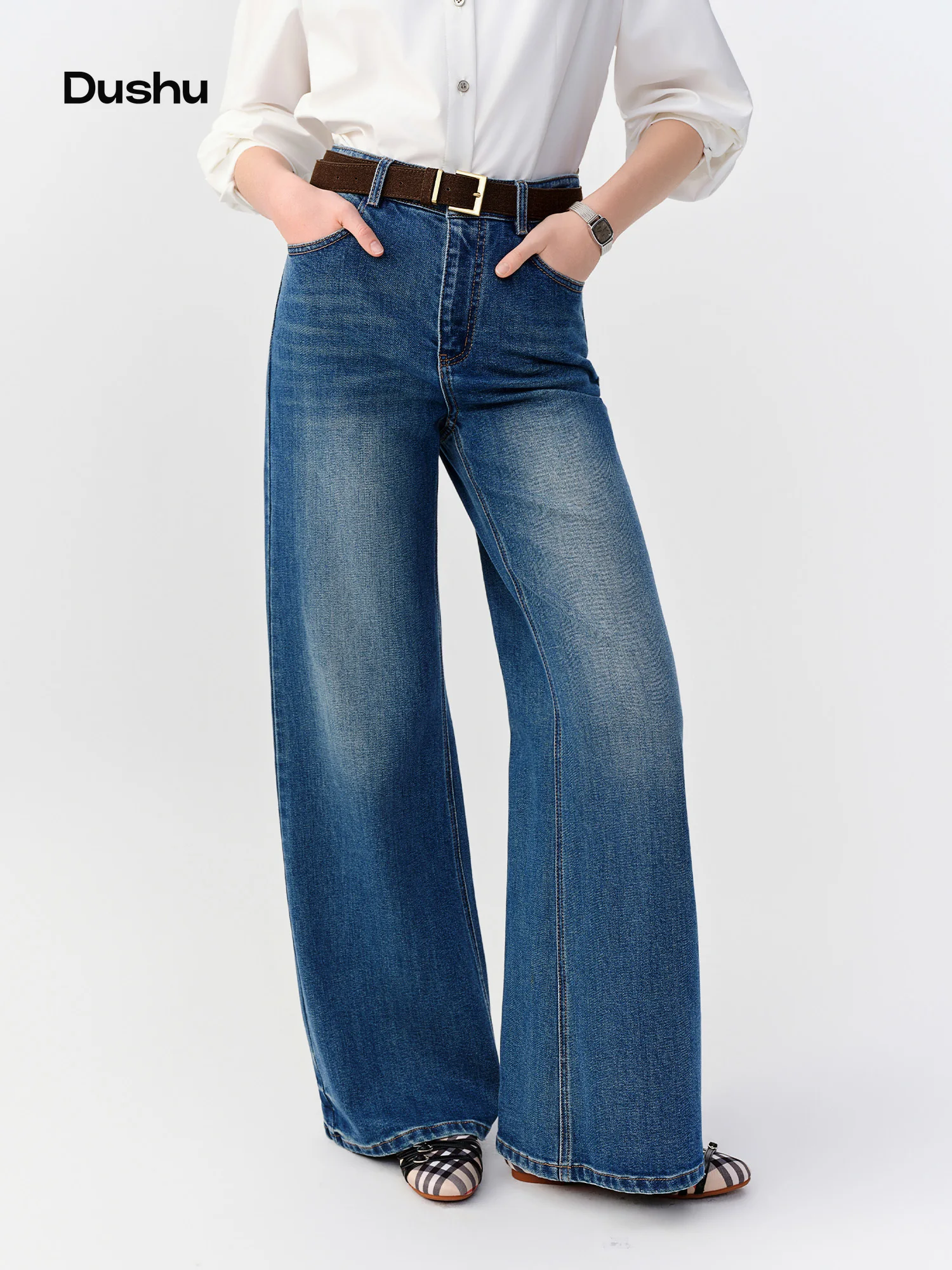 DUSHU 2026 Fall Women's Slim-Fit Stretch Washed Flare Jeans, High-Waist Leg-Elongating Bootcut Trousers in Elongated Length