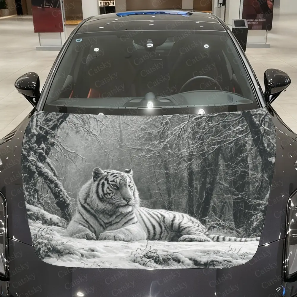 

Snowy Forest White Tiger Car Hood Graphic Stickers, Car Aesthetics, Eye-catching Pattern Decorations, PVC Waterproof Self-adhesi