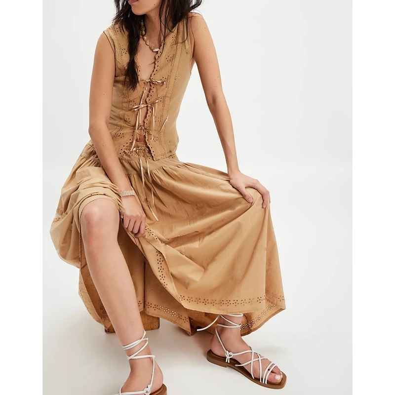 

Женский комплект одежды из 2 предметов с цветочной проушиной и зубчатой отделкой, жилет спереди с эластичной резинкой на талии, свободная длинная юбка трапециевидной формы