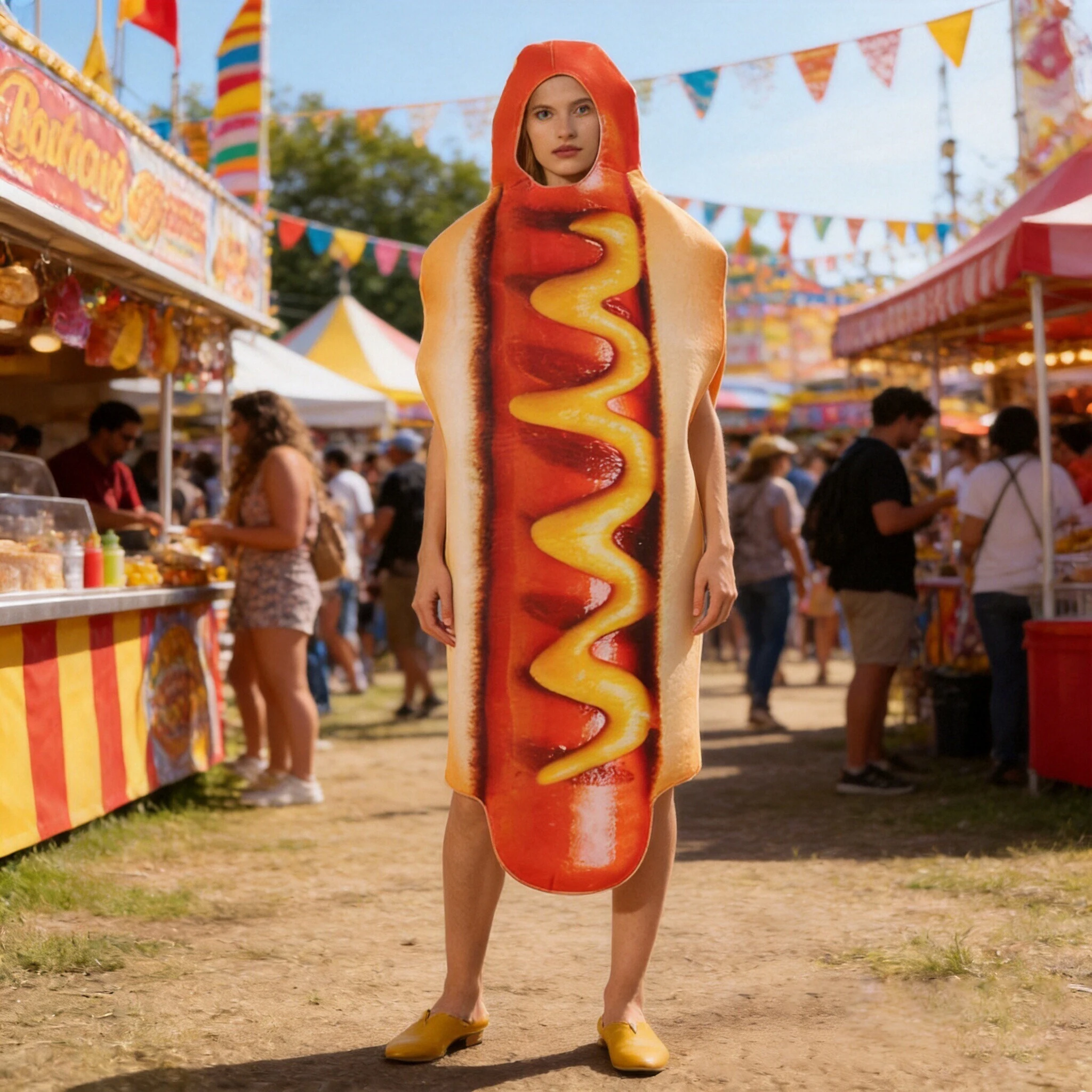 Funny 3D Print Hot Dog Hooded Costume Loose Sleeveless Food Outfit Men Women Halloween Cosplay Carnival Novelty Party Dress Up view 2