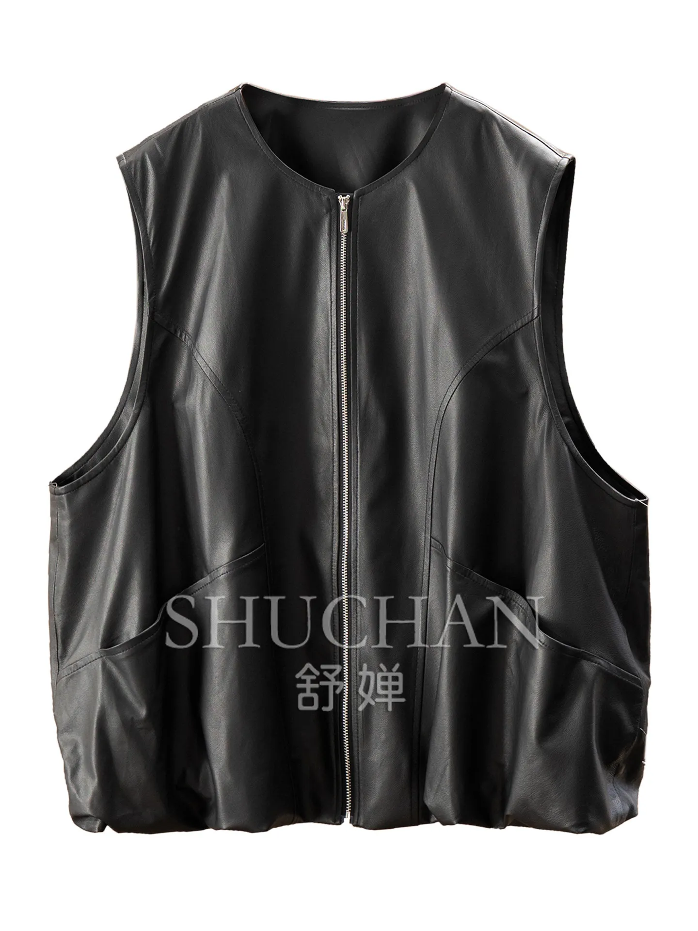 Tank Top Wearing Wang Fried, Calm, Black Round Neck Sheepskin Vest, Female F179  Casaco Feminino