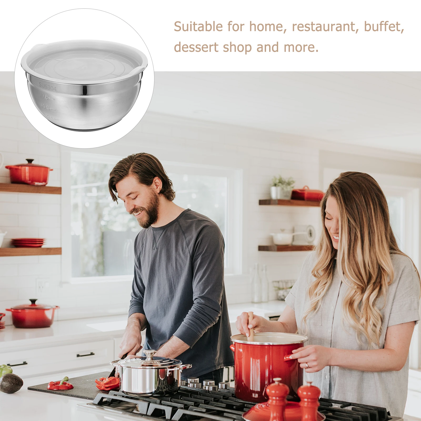 

1pc Stainless Steel Mixing Bowls With Silicone Lids Non-Slip Bases Kitchen Use Baking Cooking Serving Dessert Soup