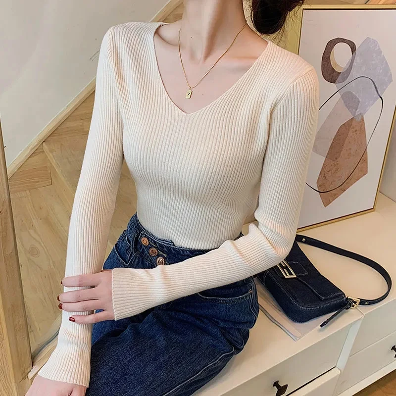 Autumn Winter Women Sweaters Casual Long Sleeve Knitted V Neck Pullover Sweater Femme Basic Solid Jersey Tops Fashion Clothes