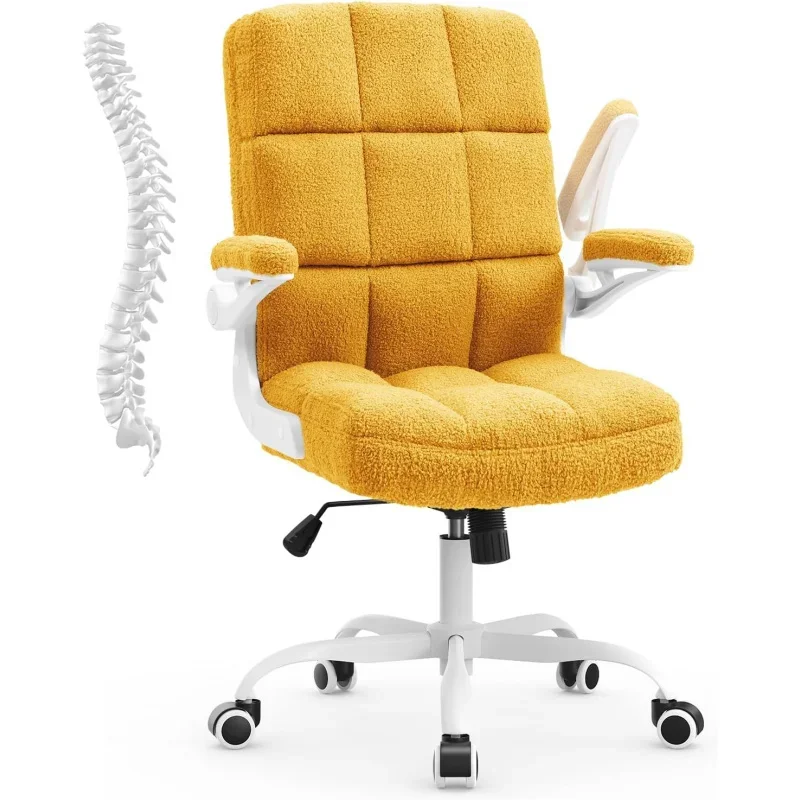 Ergonomic Office Chair Yellow Teddy Velvet Fabric Computer Desk Chairs Rolling Swivel Task Chair Adults and Teens, Executive