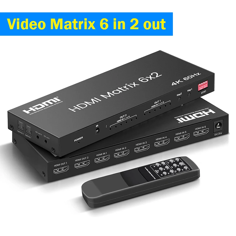 4K@60Hz HDMI 매트릭스 스위치 6입력 2출력 HDMI 비디오 분배기 스위처 6x2 (광/3.5mm 오디오 추출 기능 포함) 노트북 PC 모니터용