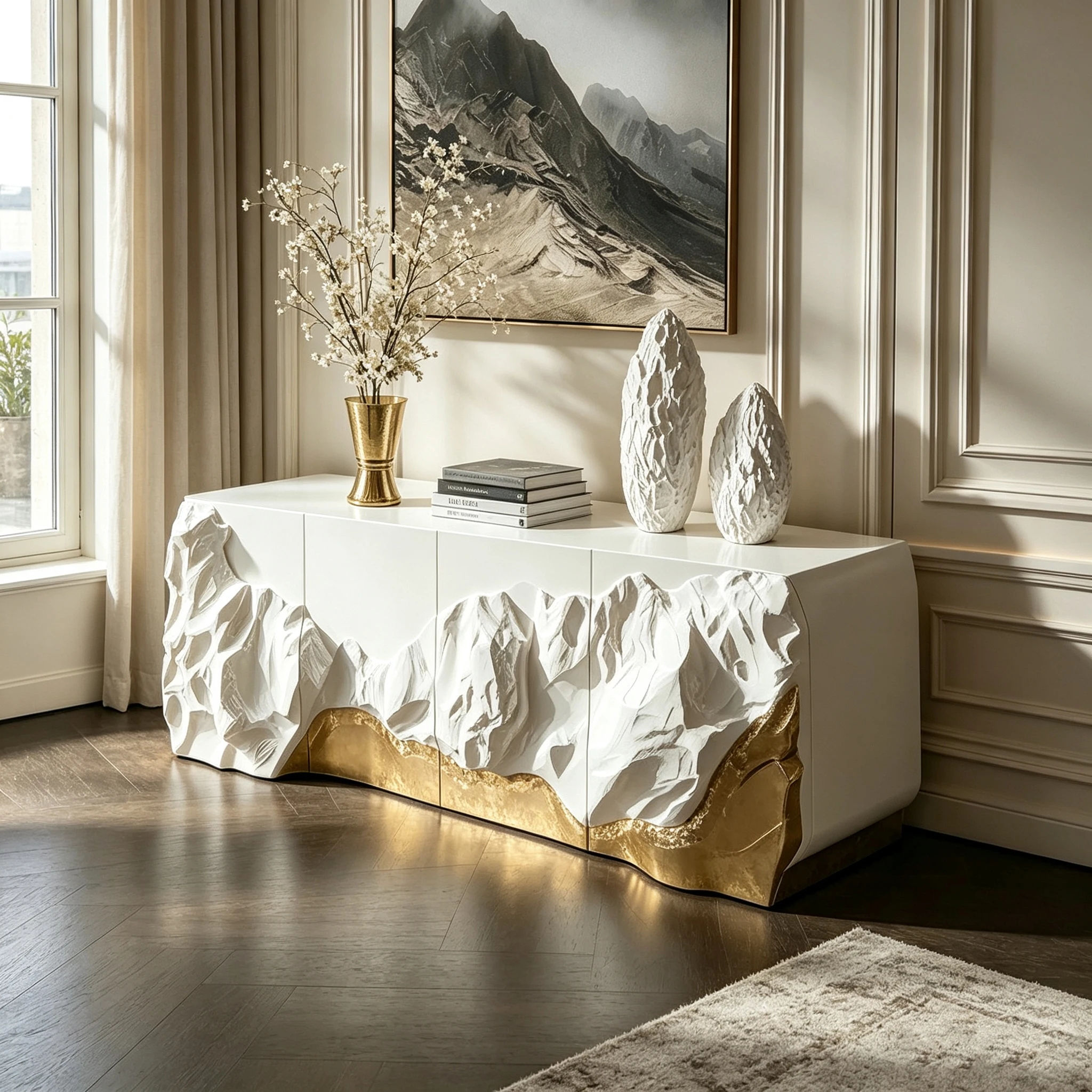 M*-4 Door White Fiberglass Storage Cabinet Mountain Relief Polished Gold Base Curved Outline