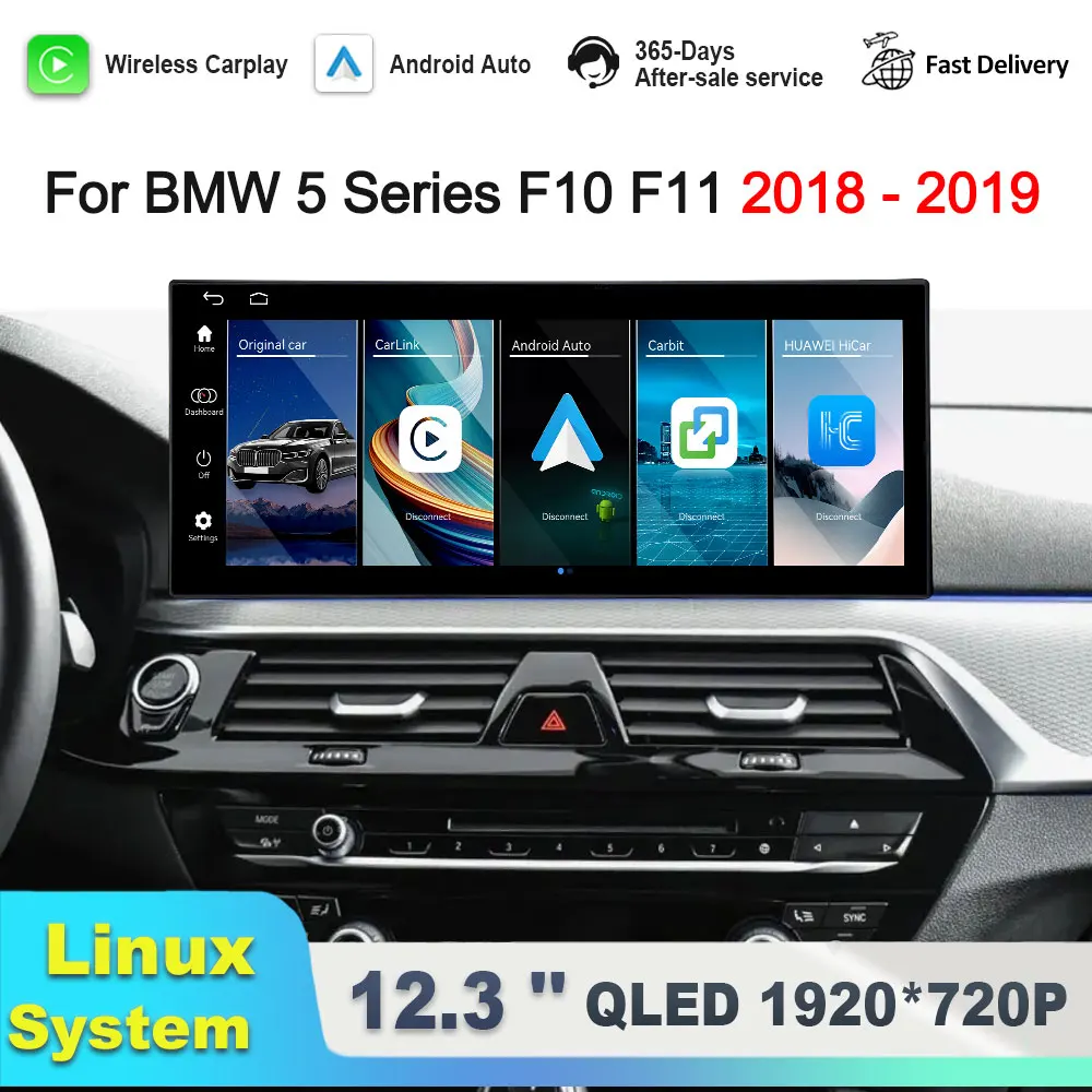 12.3'' мультимедийный GPS-плеер для BMW 5 серии F10 F11 2018-2019 с Linux-системой EVO, ультратонким QLED-экраном и Bluetooth-модулем