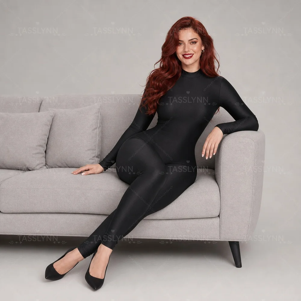 Women Solid Color Curvy High Neck Long Sleeve Catsuit Stretch Elastane Bodysuit, Cosplay Base Layer Portrait Shooting Costume view 3