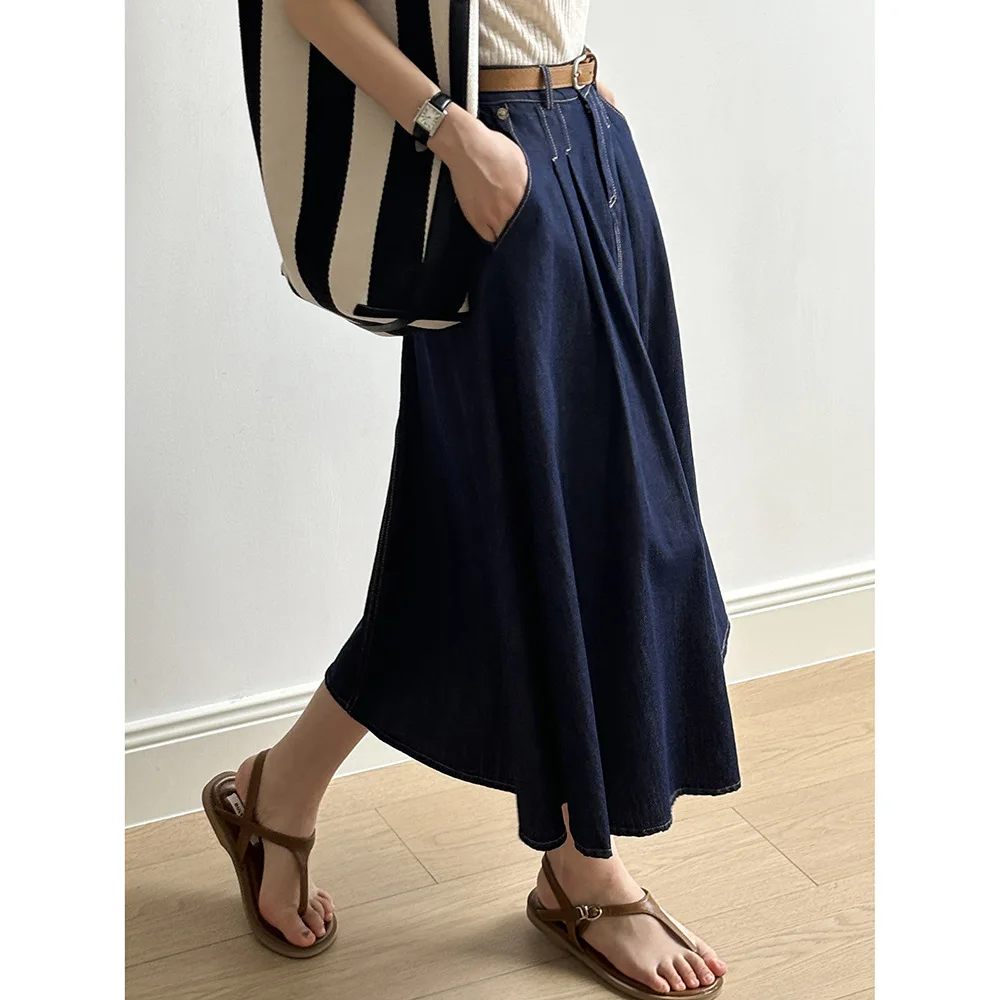 Dameskleding Denim Rok Vintage Hoge Taille 2024 Zomer Afslankende Lange A-Line Nieuwe Modieuze Vrouwen Casual Rok Met Riem