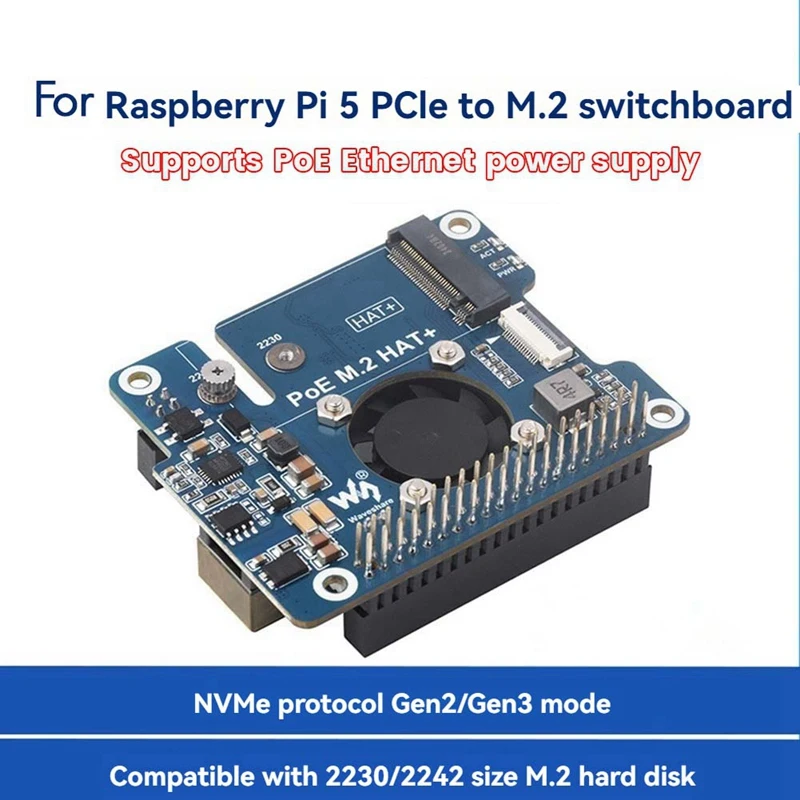 For Raspberry Pi 5 POE + Pcie To M.2 Nvme SSD Board HAT+ Pi5 2242/2230 Power Over Ethernet Support Nvme M2 Protocol