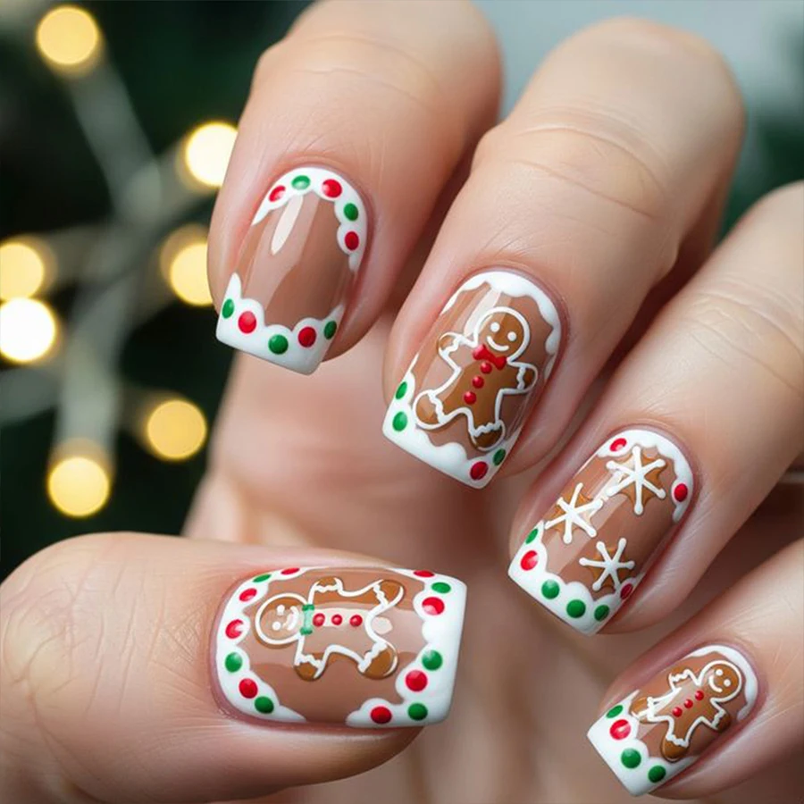 24-Piece Christmas Gingerbread Man Press-On Nails, Snowflake Polka Dot French Style Fake Nails, Includes Jelly Glue Nail File, Holiday Removable Nail Art Set