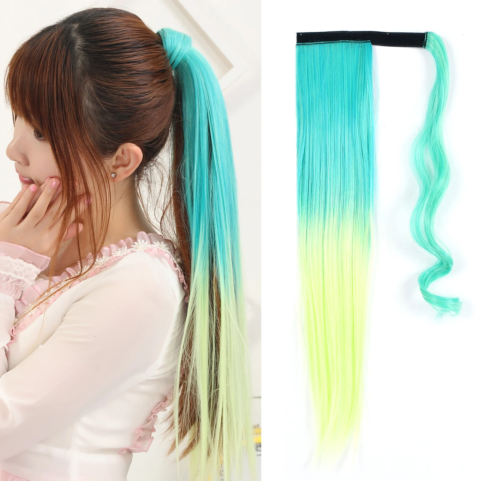 

Synthetic Ponytail Hair Extension Wrap Around Pony Tail Long Straight Hair 22Inch Hairpiece Colorful Green Ombre Color