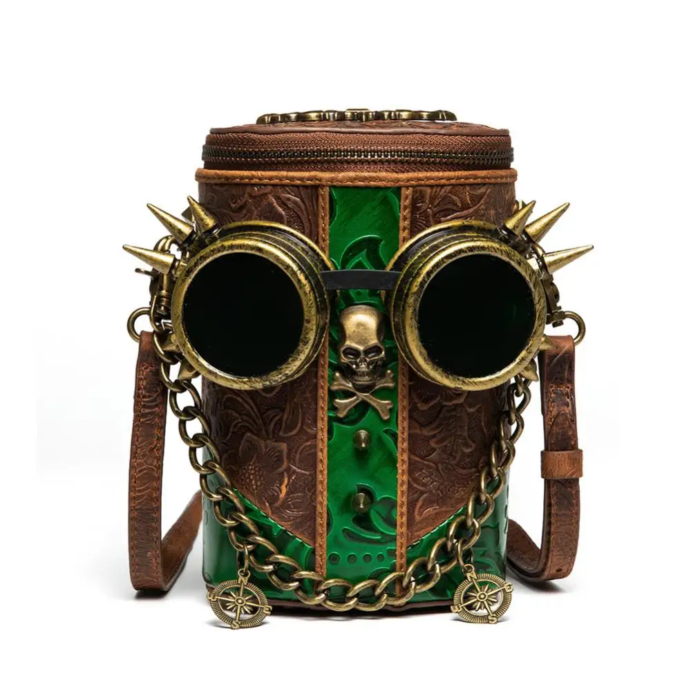 

Gear Duke Medieval Steampunk Messenger Bag Cow Leather Bucket Retro Punk Waist Bag Skull Goggles Decoratived Single Shoulder Bag