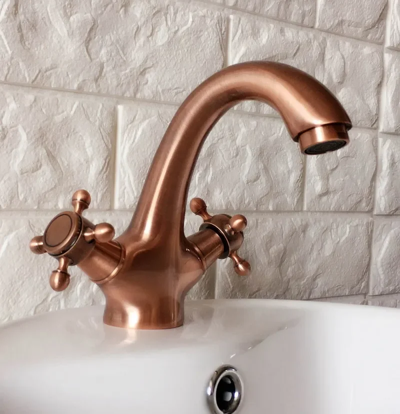 Antique Red Copper Brass Single Hole Deck Mounted Double Handles Bathroom Vessel Basin Sink Faucet Mixer Water Taps mnf390