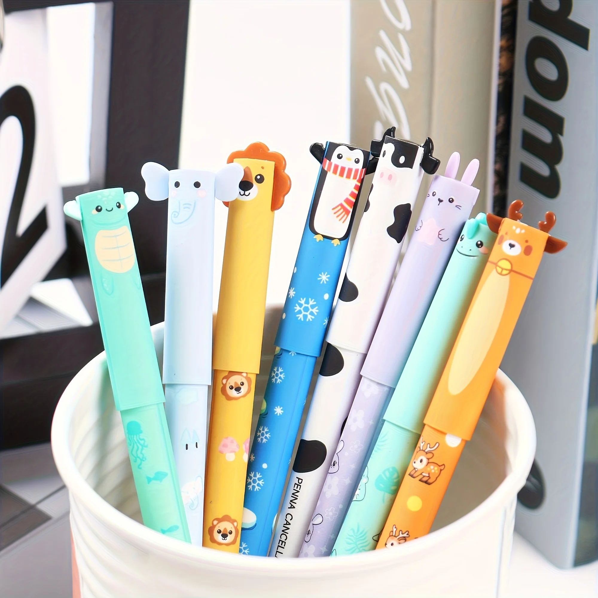 8pcs Erasable Colored Gel Pens 0.5mm Ballpoint Easy-to-Erase Animal Pattern Adorable Design Featuring Elephant Lion Rabbit A3238