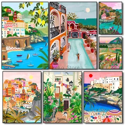 Colorful Italy Travel Illustration Poster Amalfi Coast Portofino Puglia Prints Canvas Painting Wall Art Pictures Home Room Decor