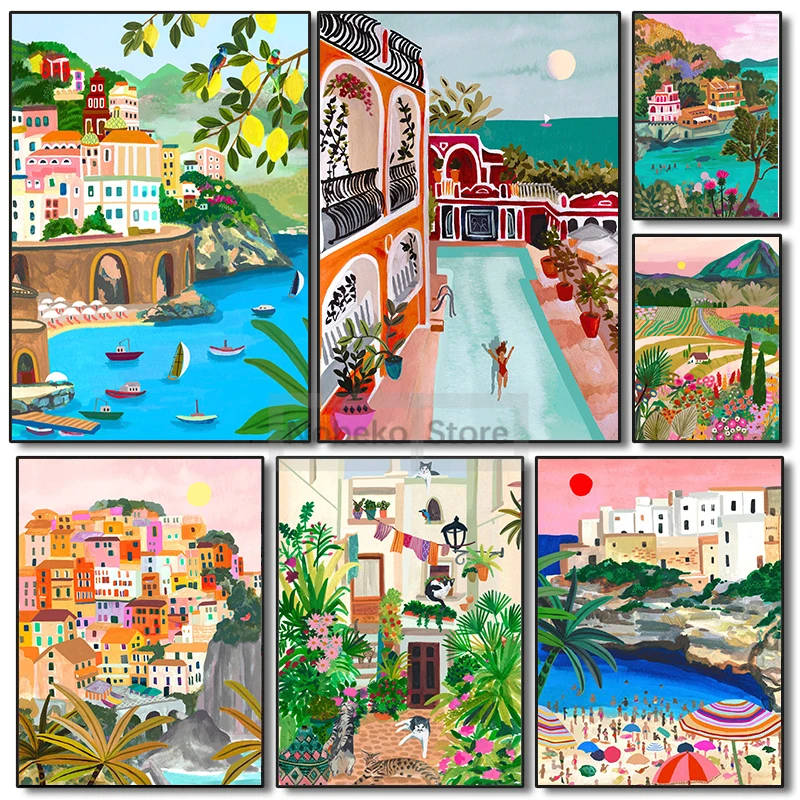 Colorful Italy Travel Illustration Poster Amalfi Coast Portofino Puglia Prints Canvas Painting Wall Art Pictures Home Room Decor