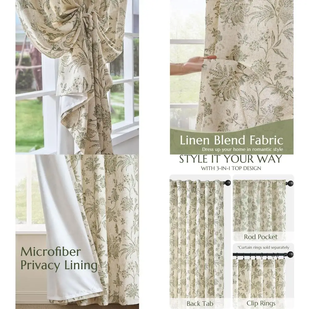 

Зеленые льняные шторы с цветочным узором, 84 дюйма, в стиле французского кантри, с креплением на петлях для обеспечения приватности, комплект из 2 панелей