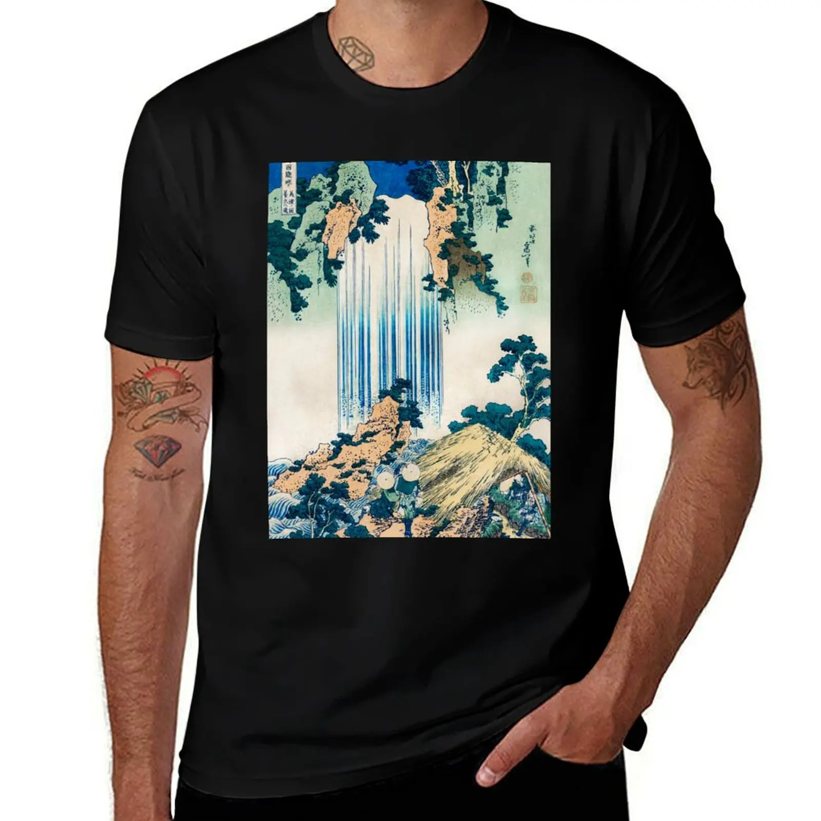 Hokusai Waterfall Japanese Art Vintage Retro T-Shirt Soft Stretch Short Sleeve Top T-Shirt